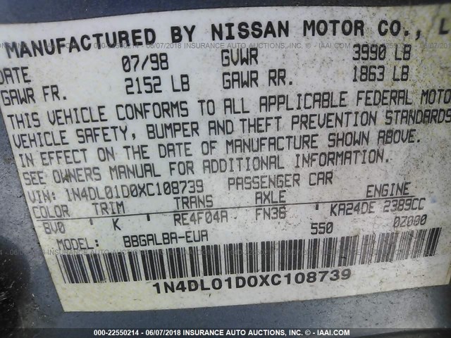 1N4DL01D0XC108739 - 1999 NISSAN ALTIMA XE/GXE/SE/GLE BLUE photo 9