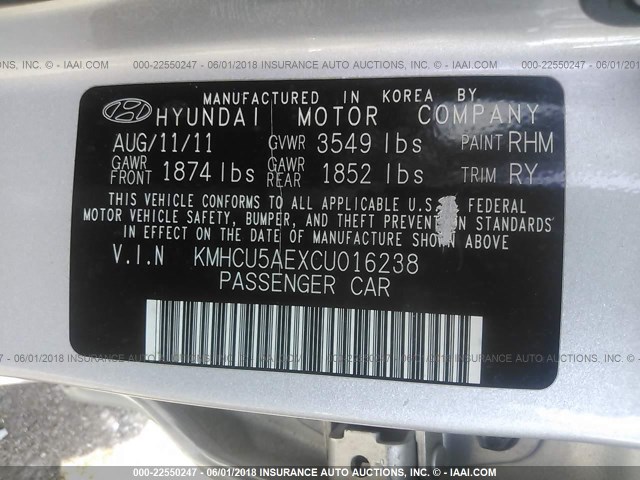 KMHCU5AEXCU016238 - 2012 HYUNDAI ACCENT GLS/GS/SE SILVER photo 9