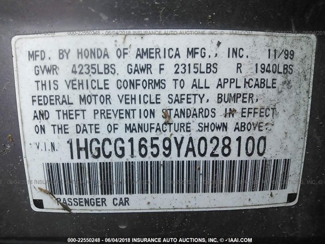 1HGCG1659YA028100 - 2000 HONDA ACCORD EX SILVER photo 9