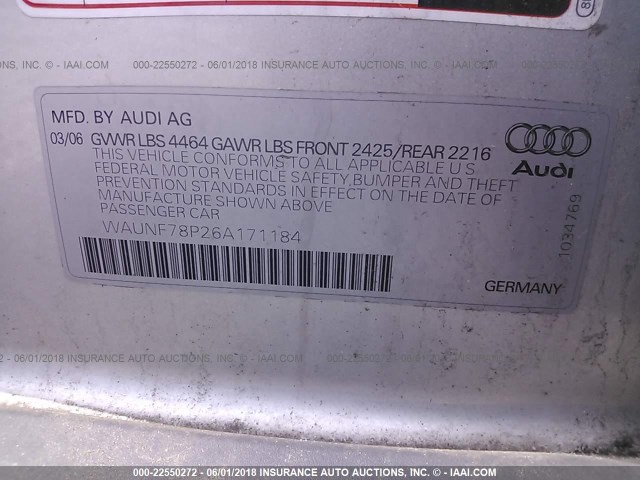 WAUNF78P26A171184 - 2006 AUDI A3 2.0 PREMIUM SILVER photo 9