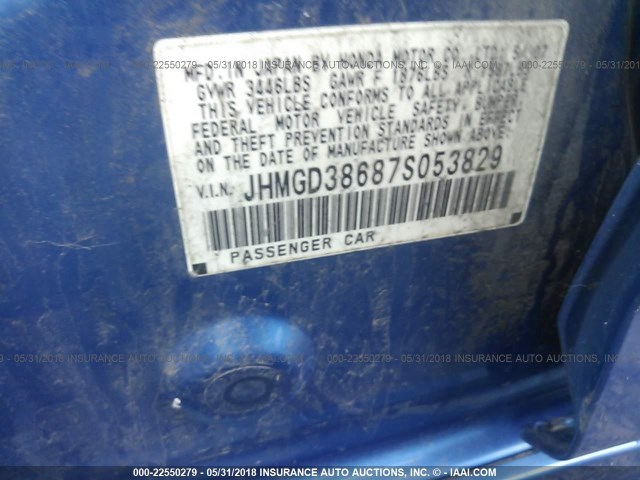 JHMGD38687S053829 - 2007 HONDA FIT S BLUE photo 9