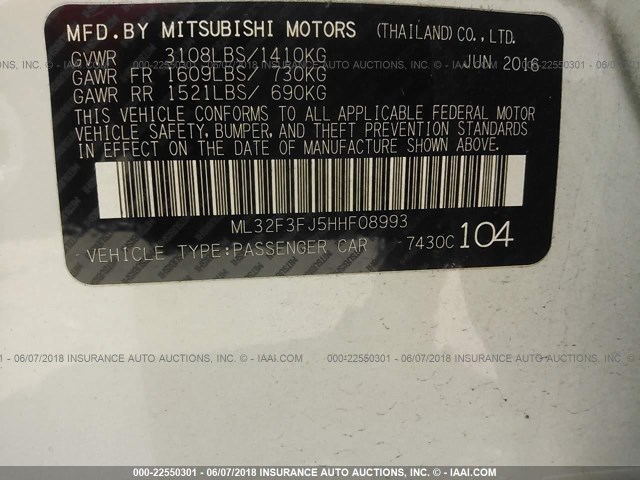 ML32F3FJ5HHF08993 - 2017 MITSUBISHI MIRAGE G4 ES თეთრი ფოტო 9