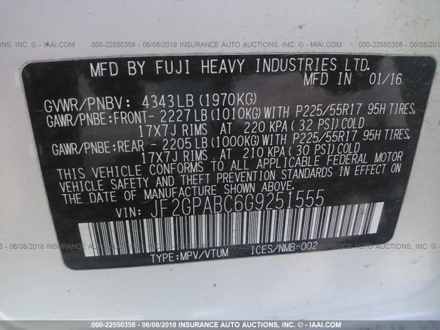 JF2GPABC6G9251555 - 2016 SUBARU CROSSTREK PREMIUM 白色 照片 9