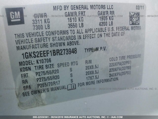 1GKS2EEF1BR273948 - 2011 GMC YUKON DENALI SILVER photo 9