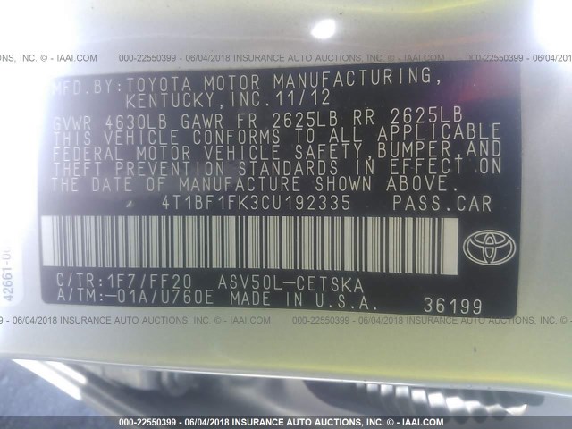 4T1BF1FK3CU192335 - 2012 TOYOTA CAMRY SE/LE/XLE 银色 照片 9