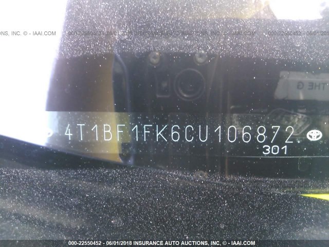 4T1BF1FK6CU106872 - 2012 TOYOTA CAMRY SE/LE/XLE BLACK photo 9