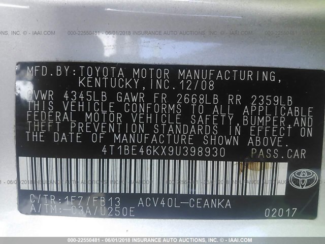 4T1BE46KX9U398930 - 2009 TOYOTA CAMRY SE/LE/XLE SILVER photo 9