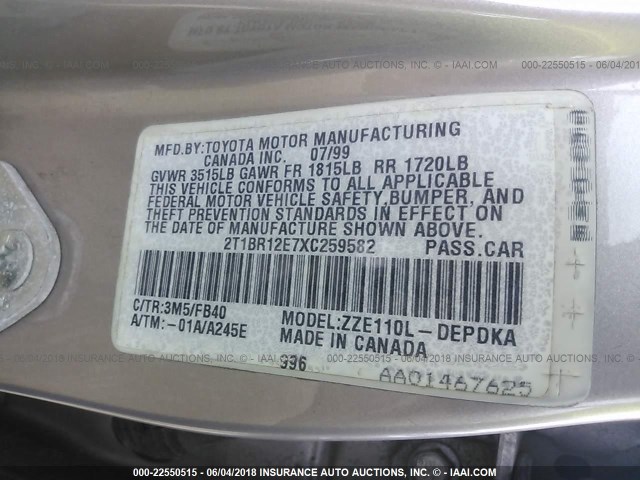 2T1BR12E7XC259582 - 1999 TOYOTA COROLLA VE/CE/LE GRAY photo 9