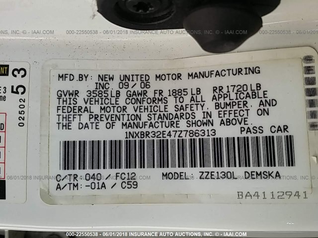 1NXBR32E47Z786313 - 2007 TOYOTA COROLLA CE/LE/S 白色 照片 9