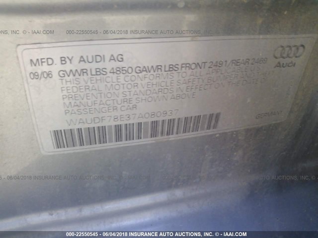 WAUDF78E37A080937 - 2007 AUDI A4 2.0T QUATTRO SILVER photo 9