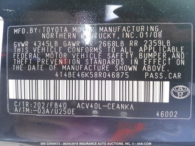 4T4BE46K58R046875 - 2008 TOYOTA CAMRY CE/LE/XLE/SE BLACK photo 9