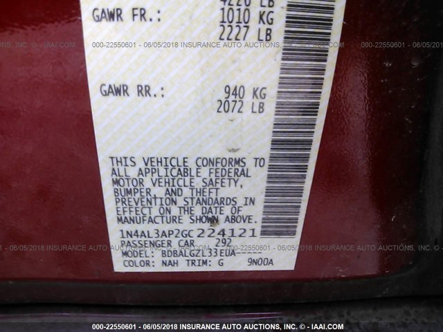 1N4AL3AP2GC224121 - 2016 NISSAN ALTIMA 2.5/S/SV/SL/SR MAROON photo 9