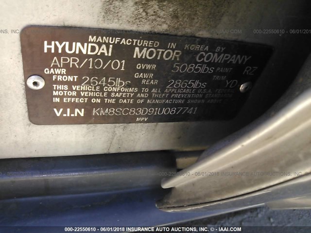 KM8SC83D91U087741 - 2001 HYUNDAI SANTA FE GLS/LX SILVER photo 9