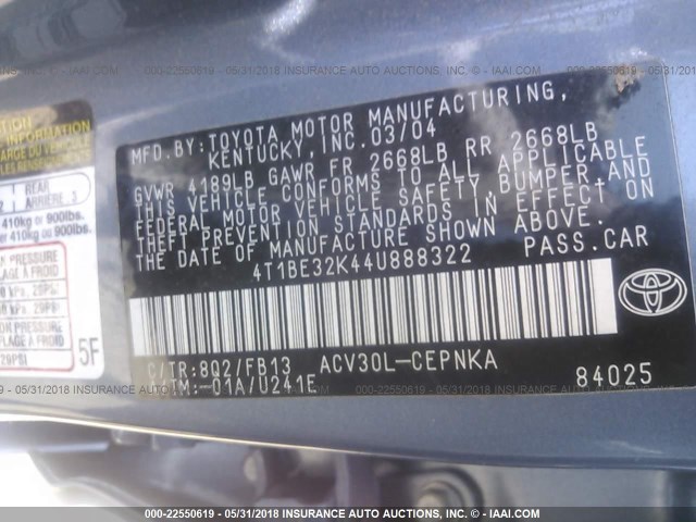 4T1BE32K44U888322 - 2004 TOYOTA CAMRY LE/XLE/SE ლურჯი ფოტო 9