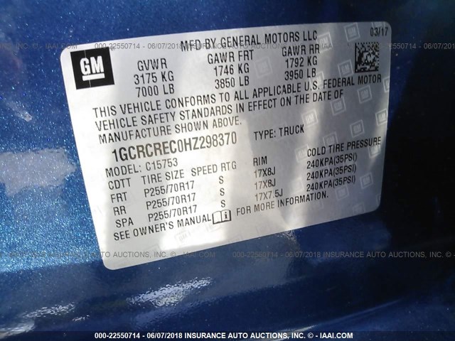 1GCRCREC0HZ298370 - 2017 CHEVROLET SILVERADO C1500 LT BLUE photo 9