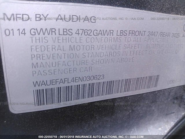 WAUEFAFL4EN030623 - 2014 AUDI A4 PREMIUM PLUS GRAY photo 9