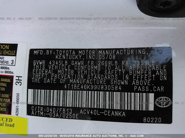 4T1BE46K99U830584 - 2009 TOYOTA CAMRY SE/LE/XLE 白色 照片 9