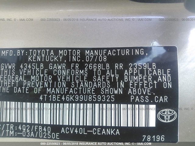 4T1BE46K99U859325 - 2009 TOYOTA CAMRY SE/LE/XLE GOLD photo 9