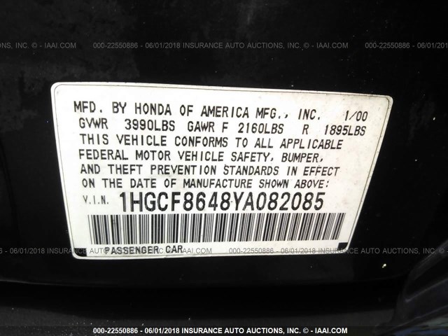 1HGCF8648YA082085 - 2000 HONDA ACCORD DX BLUE photo 9