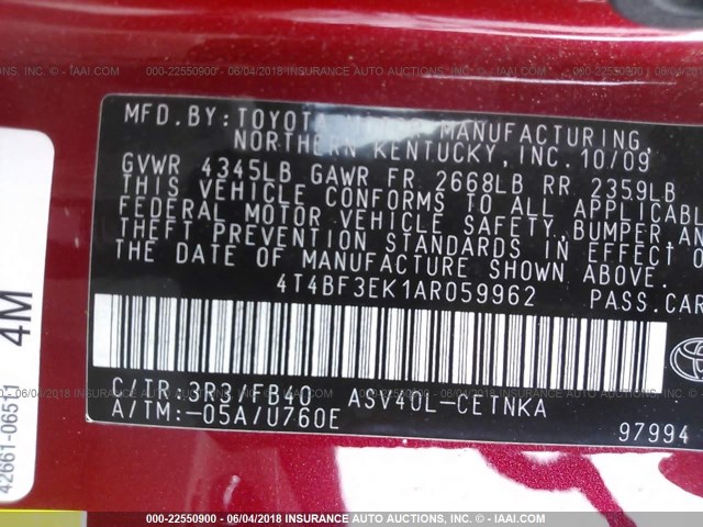 4T4BF3EK1AR059962 - 2010 TOYOTA CAMRY SE/LE/XLE 红色 照片 9