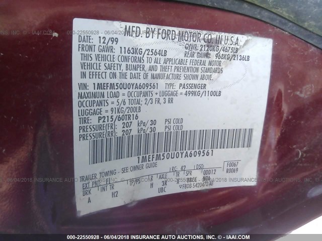 1MEFM50U0YA609561 - 2000 MERCURY SABLE GS RED photo 9