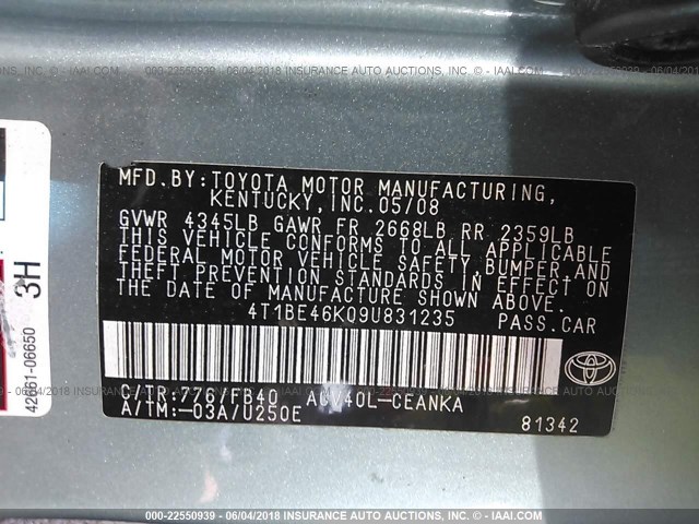 4T1BE46K09U831235 - 2009 TOYOTA CAMRY SE/LE/XLE 绿色 照片 9