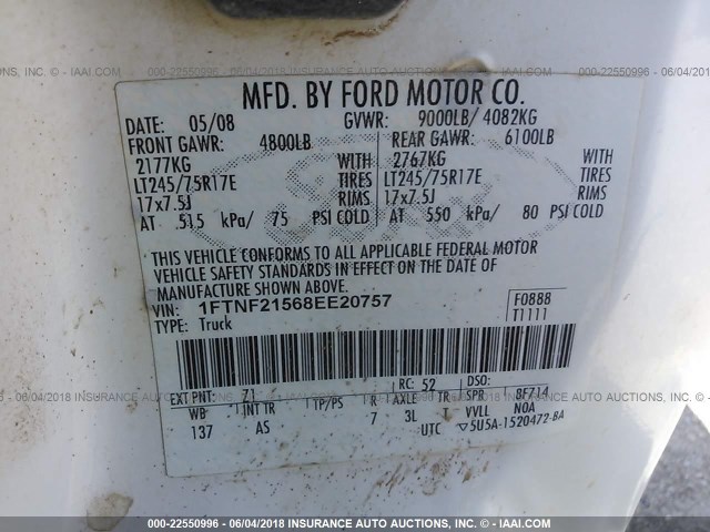 1FTNF21568EE20757 - 2008 FORD F250 SUPER DUTY WHITE photo 9