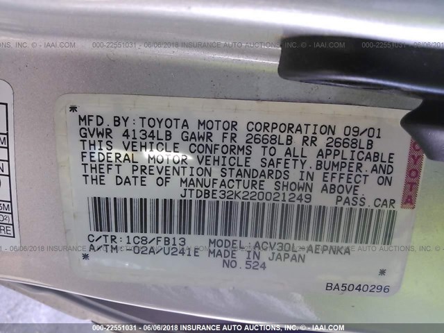 JTDBE32K220021249 - 2002 TOYOTA CAMRY LE/XLE/SE ვერცხლისფერი ფოტო 9