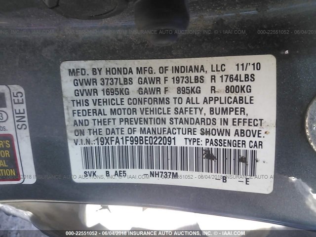 19XFA1F99BE022091 - 2011 HONDA CIVIC EXL GRAY photo 9