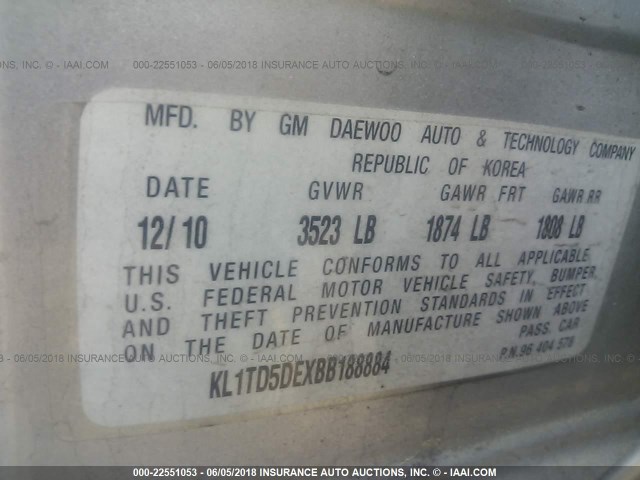 KL1TD5DEXBB188884 - 2011 CHEVROLET AVEO LS/LT 银色 照片 9