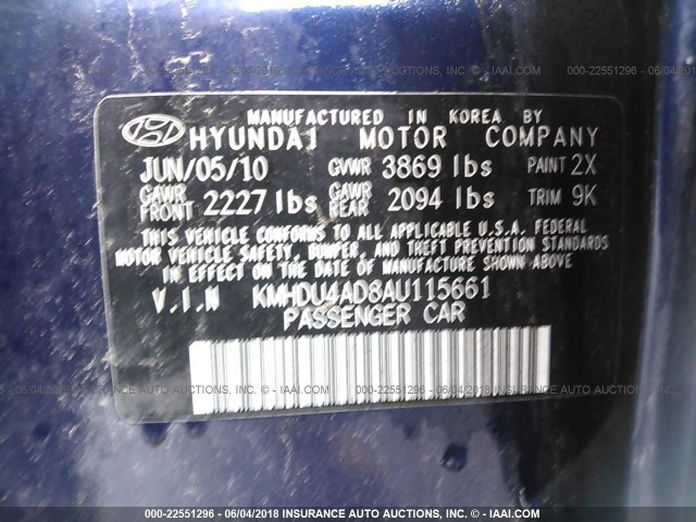 KMHDU4AD8AU115661 - 2010 HYUNDAI ELANTRA BLUE/GLS/SE BLUE photo 9