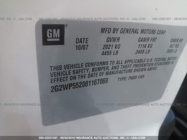 2G2WP552081167069 - 2008 PONTIAC GRAND PRIX WHITE photo 9