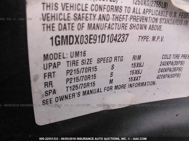 1GMDX03E91D104237 - 2001 PONTIAC MONTANA GREEN photo 9