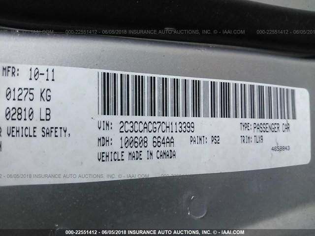 2C3CCACG7CH113399 - 2012 CHRYSLER 300 LIMITED SILVER photo 9