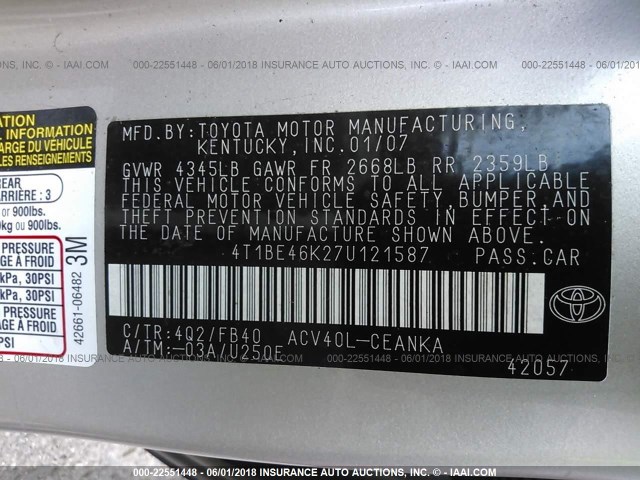 4T1BE46K27U121587 - 2007 TOYOTA CAMRY NEW GENERAT CE/LE/XLE/SE BLACK photo 9