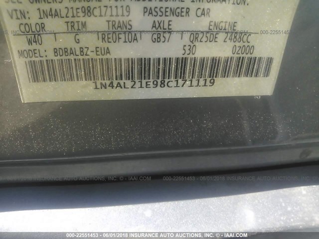 1N4AL21E98C171119 - 2008 NISSAN ALTIMA 2.5/2.5S GRAY photo 9