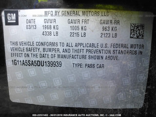 1G11A5SA5DU139939 - 2013 CHEVROLET MALIBU LS 黑色 照片 9