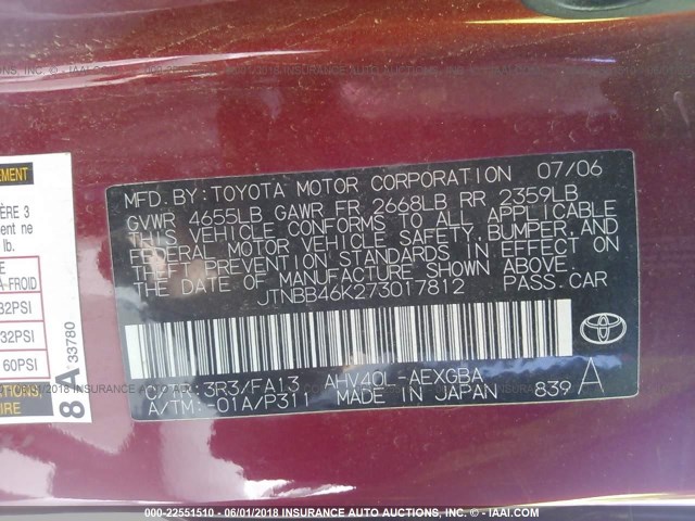 JTNBB46K273017812 - 2007 TOYOTA CAMRY NEW GENERAT HYBRID RED photo 9