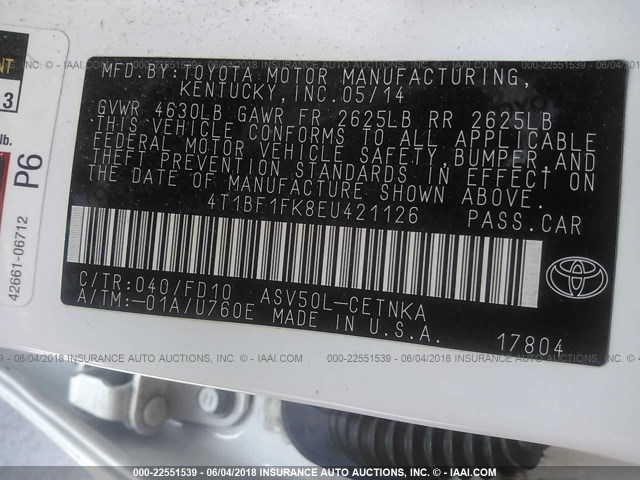 4T1BF1FK8EU421126 - 2014 TOYOTA CAMRY L/SE/LE/XLE 白色 照片 9