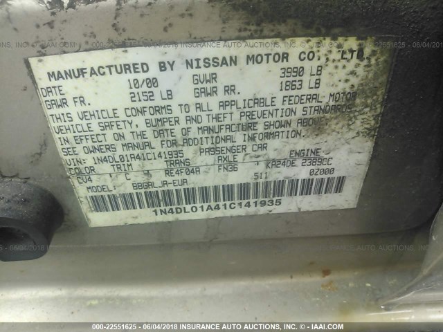 1N4DL01A41C141935 - 2001 NISSAN ALTIMA GXE/GLE/SE TAN photo 9