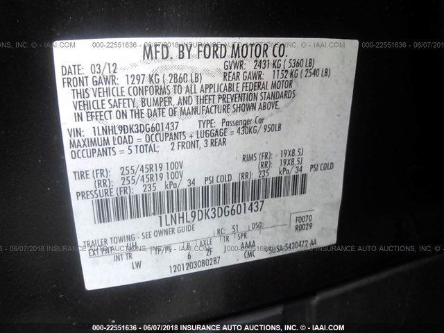 1LNHL9DK3DG601437 - 2013 LINCOLN MKS BLACK photo 9