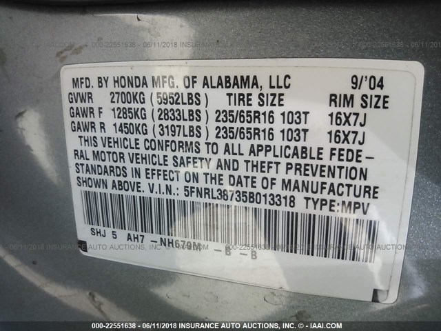 5FNRL38735B013318 - 2005 HONDA ODYSSEY EXL GRAY photo 9