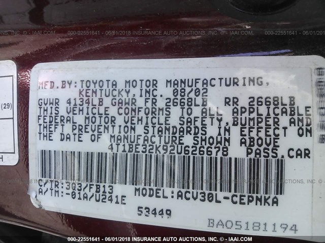 4T1BE32K92U626678 - 2002 TOYOTA CAMRY LE/XLE/SE წითელი ფოტო 9