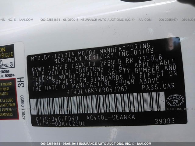 4T4BE46K78R040267 - 2008 TOYOTA CAMRY CE/LE/XLE/SE WHITE photo 9