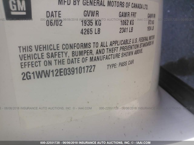 2G1WW12E039101727 - 2003 CHEVROLET MONTE CARLO LS თეთრი ფოტო 9