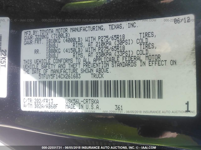 5TFUY5F14CX261683 - 2012 TOYOTA TUNDRA DOUBLE CAB SR5 BLACK photo 9