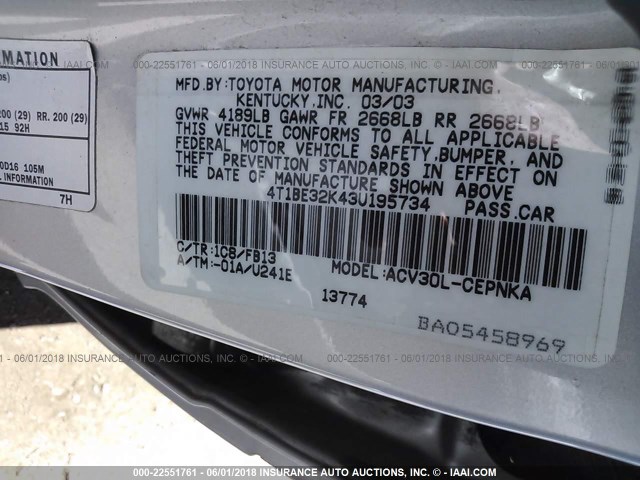 4T1BE32K43U195734 - 2003 TOYOTA CAMRY LE/XLE/SE ვერცხლისფერი ფოტო 9