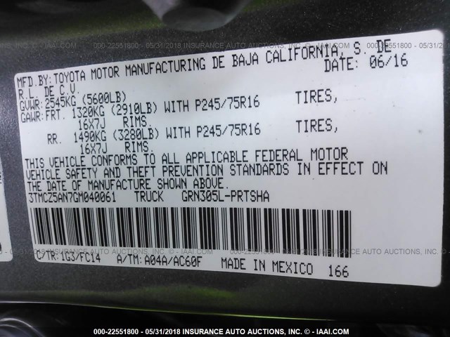 3TMCZ5AN7GM040061 - 2016 TOYOTA TACOMA DBL CAB/SR/SR5/TRD SPT/OR GRAY photo 9