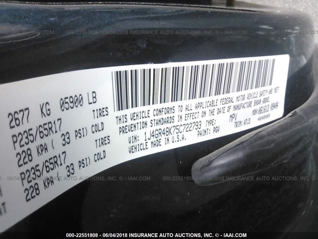 1J4GR48K75C722793 - 2005 JEEP GRAND CHEROKEE LAREDO/COLUMBIA/FREEDOM მწვანე ფოტო 9