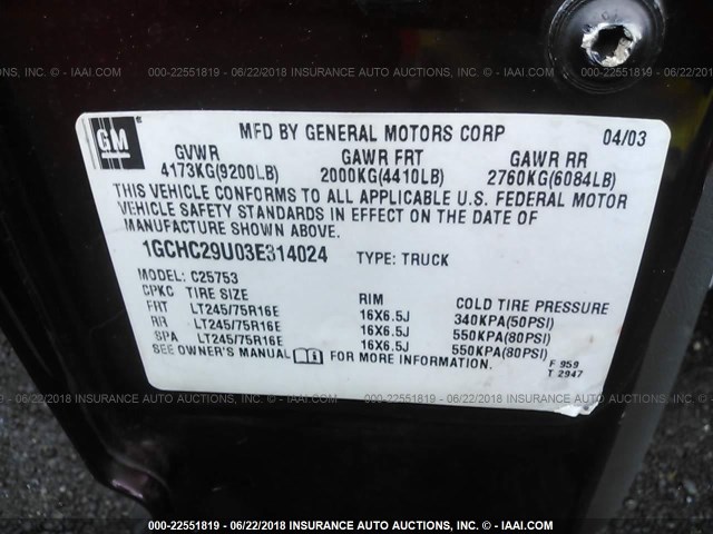 1GCHC29U03E314024 - 2003 CHEVROLET SILVERADO C2500 HEAVY DUTY BURGUNDY photo 9